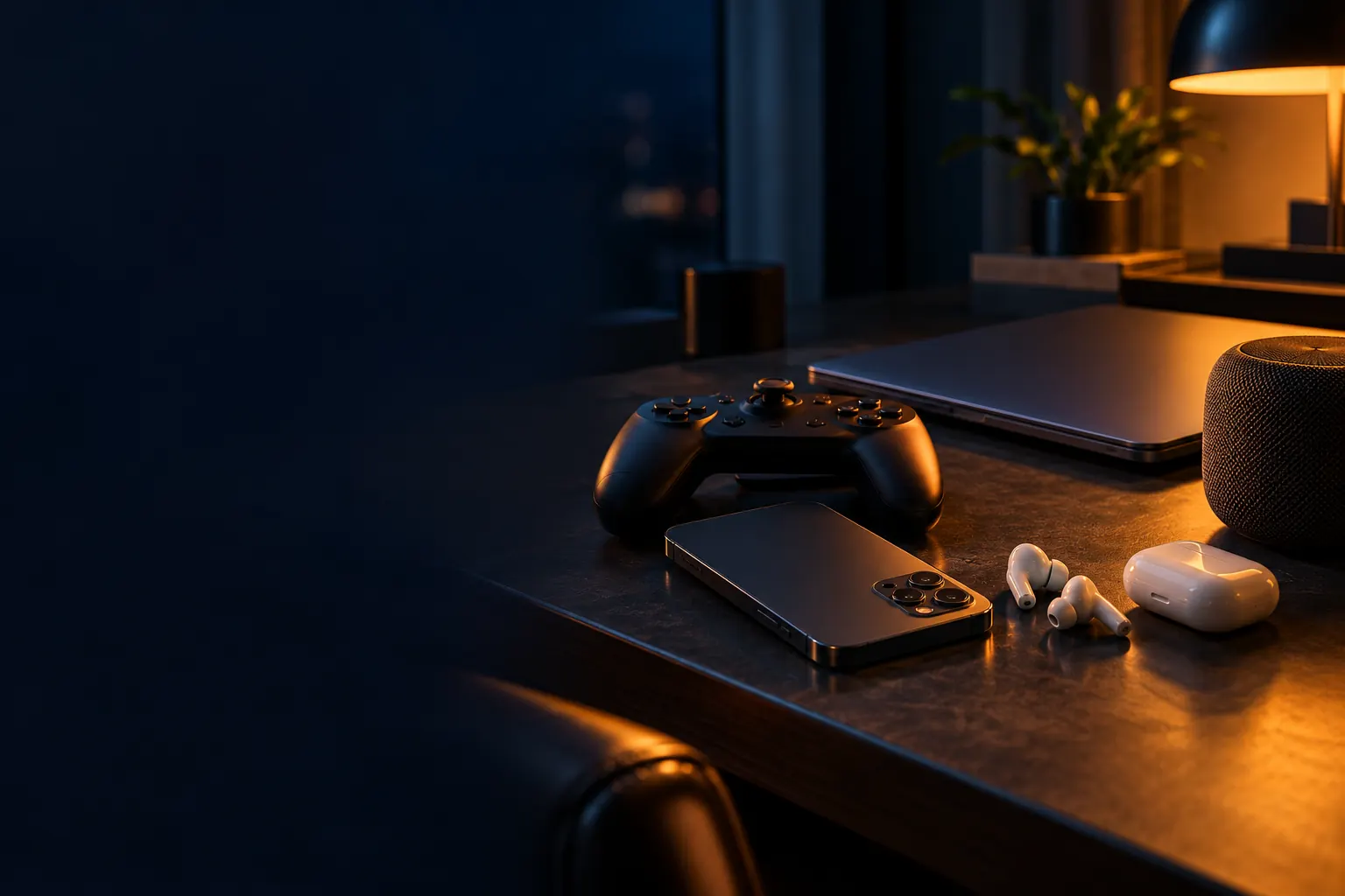 Smartphone, manette, écouteurs, ordinateur portable et enceinte réunis sur un bureau sombre, sous une lumière ambre